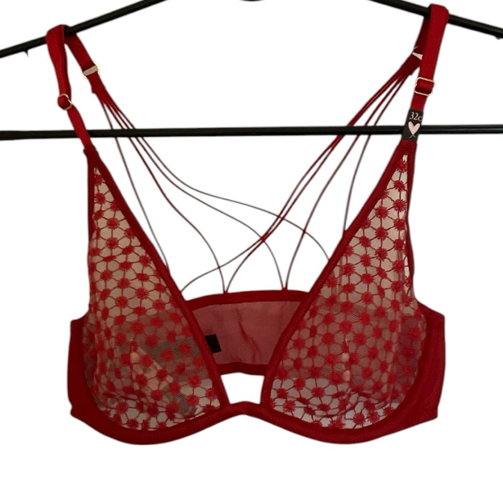 NWT Victoria’s Secret Red Polka Dot Mesh See Through Unlined Bra 32C